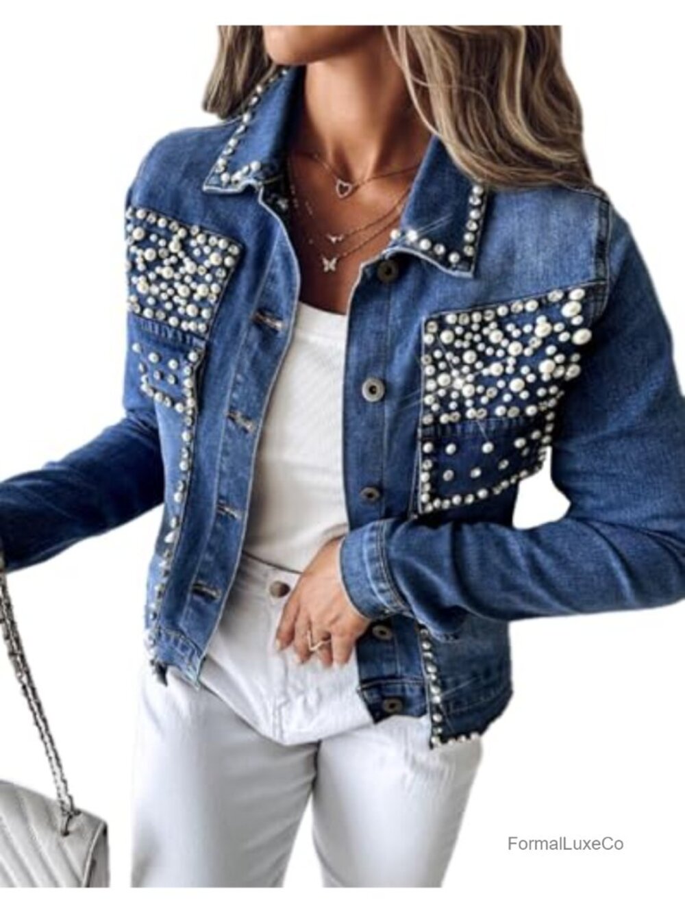 Pearls Denim Jacket Cropped Rhinestone Button Down Jean Coat
